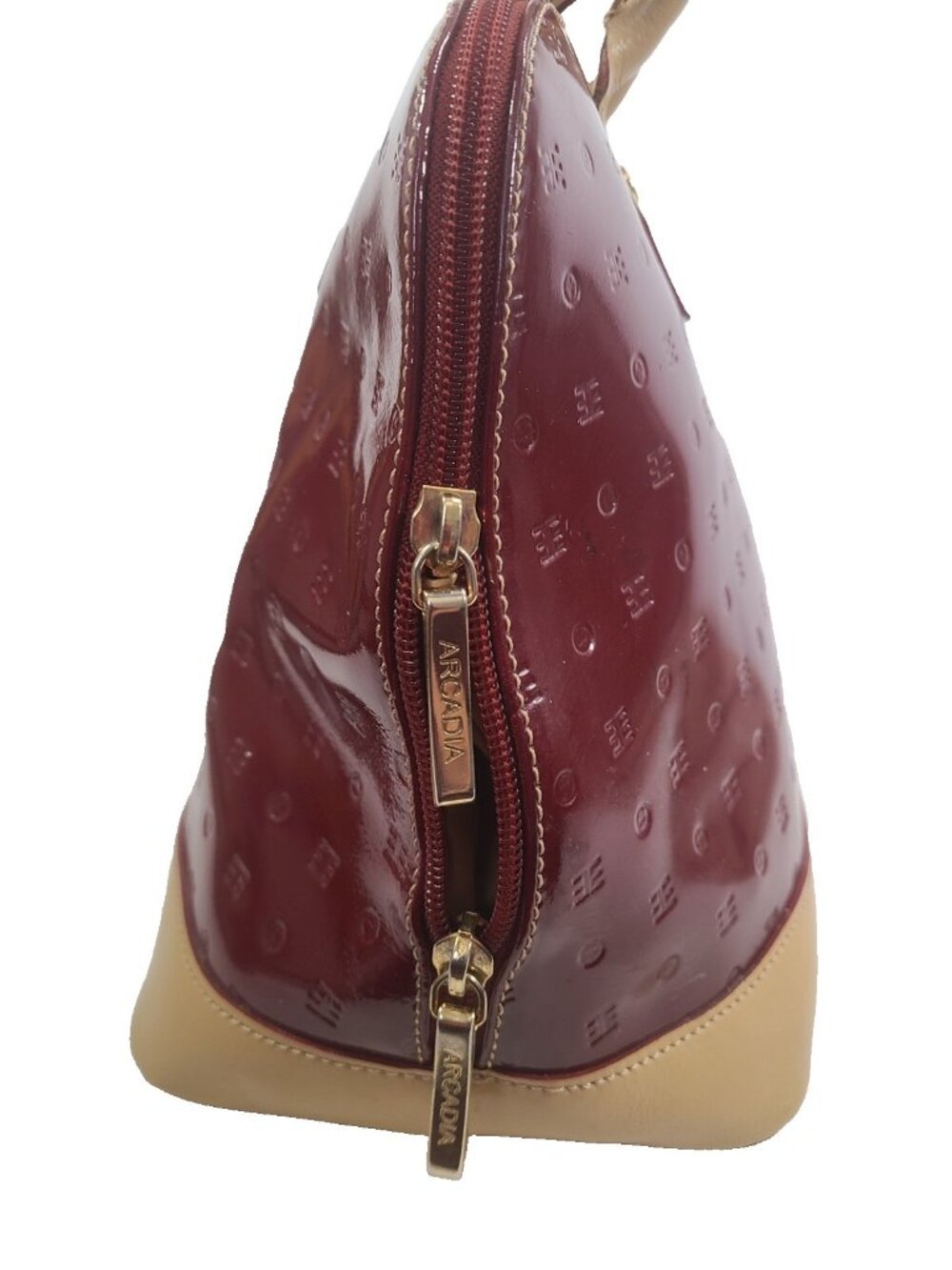 Arcadia Red Patent Satchel Top Handle Bag Gold Hardware Zip Closure Women - Picture 8 of 16